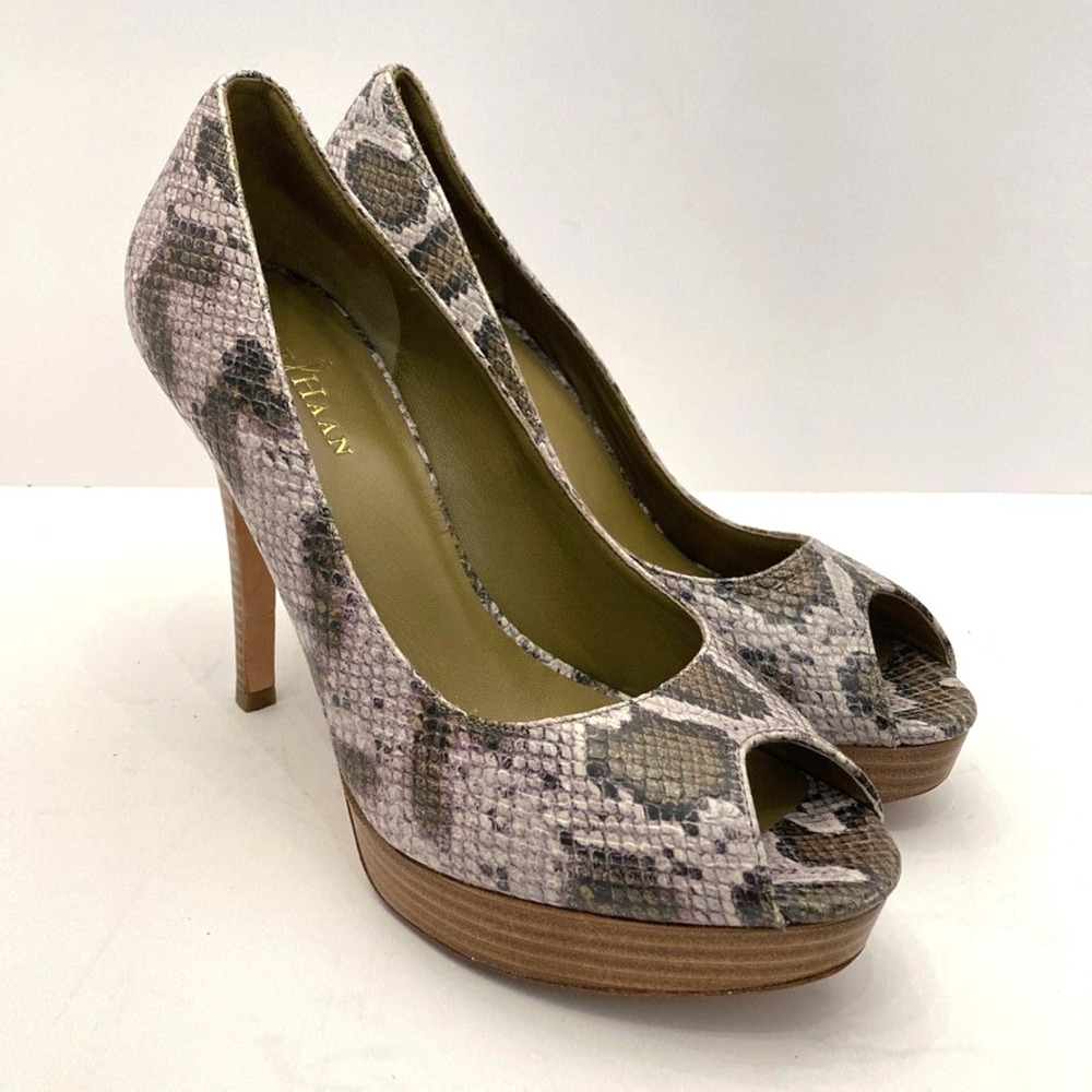 COLE HAAN Snake Print Leather Platform Peep Toe Heels Shoes Womens 8.5 B‎